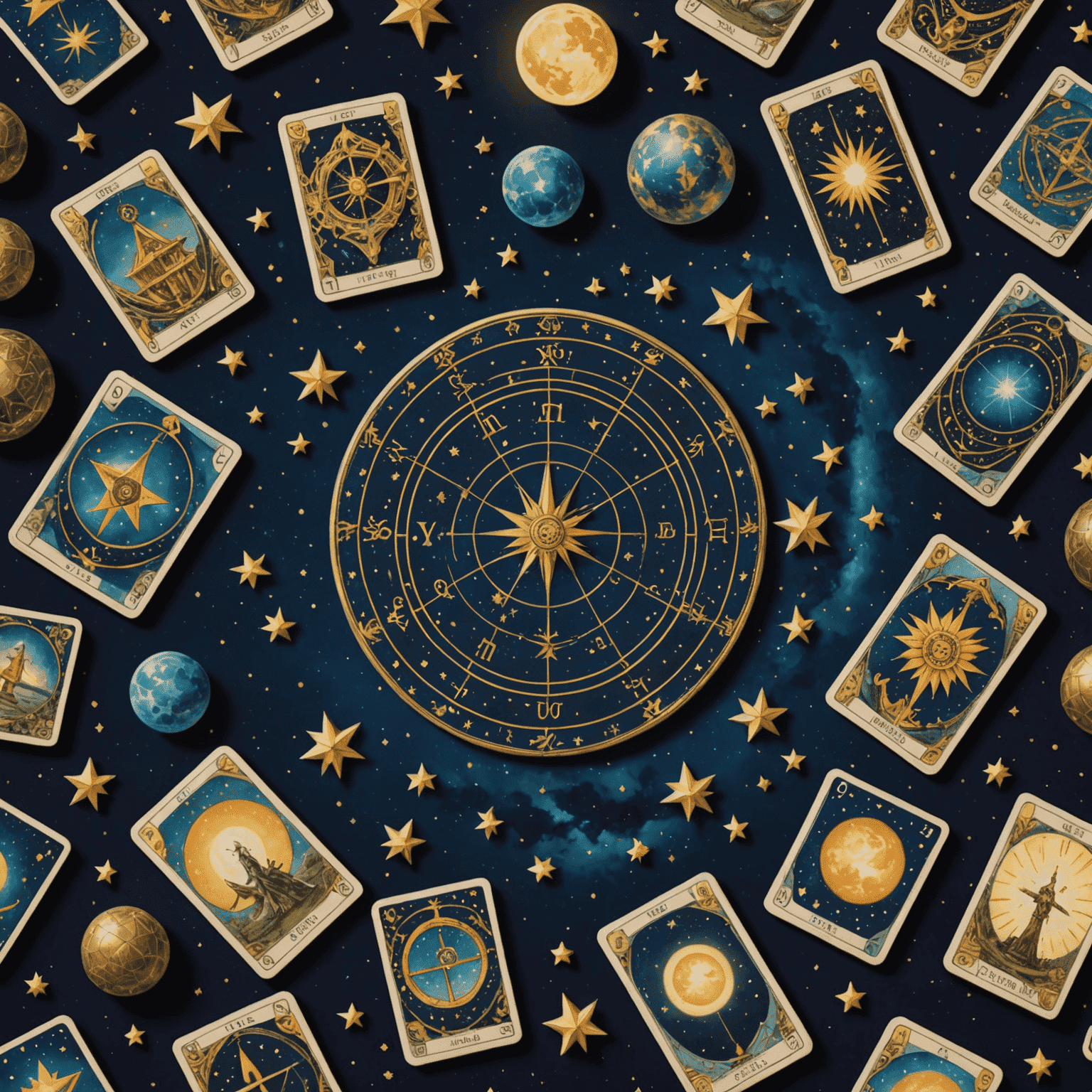 Ein mystisches Bild eines Sternenhimmels mit Tarotkarten und astrologischen Symbolen, die die Verbindung zwischen den Sternen und unserem persönlichen Schicksal symbolisieren